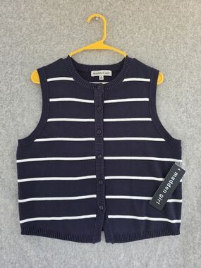 madden girl Navy & White Striped Knit Button-Front Vest Size XL NWT